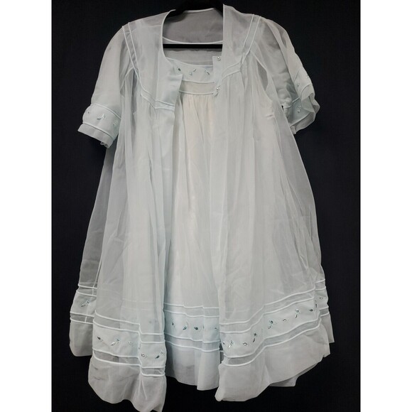 Shadowline Nightgown Robe Set Size Small Light Pastel Blue Floral Lace Vintage - Picture 1 of 8